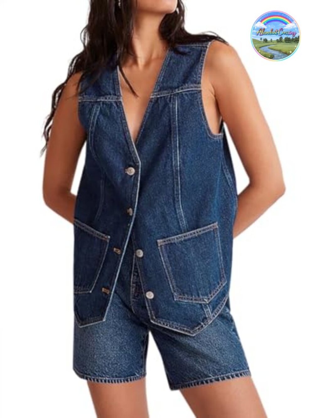 Womens High Quality Denim Jean Vest Casual V Neck Sleeveless Button Up